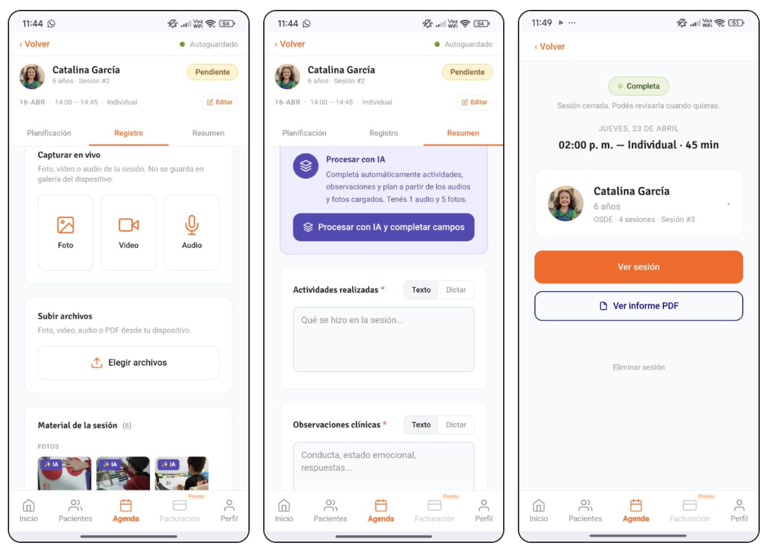 Capturas de App Robbina con herramientas de IA para el registro clínico.