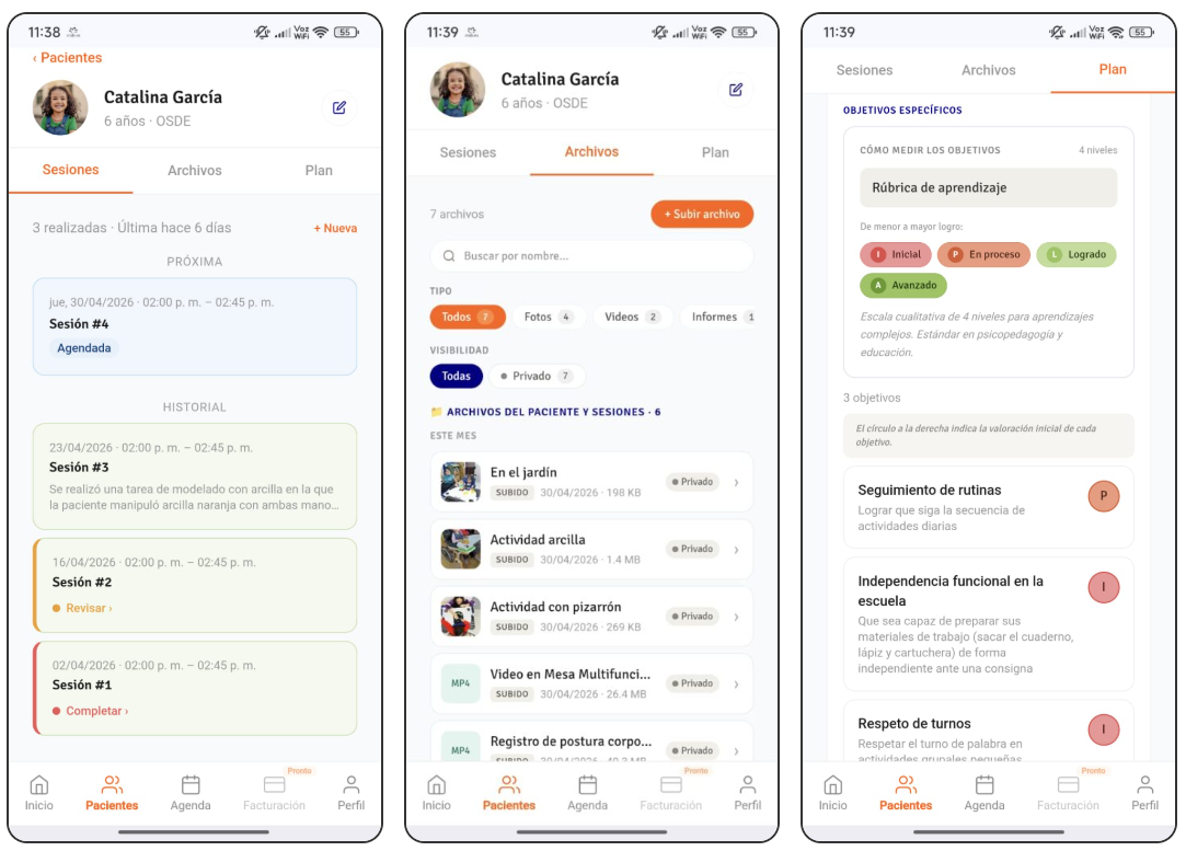 Ficha de paciente en App Robbina con archivos, sesiones y plan de tratamiento.