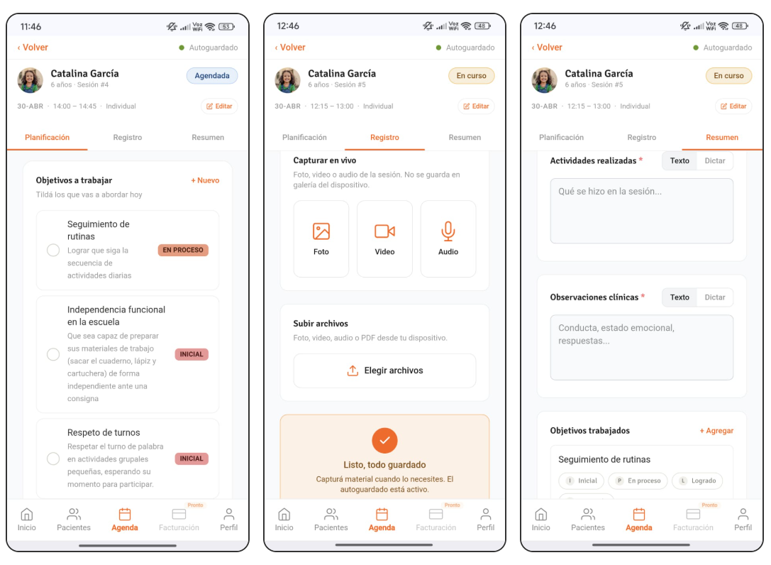 Pantalla de App Robbina para planificar, registrar y resumir una sesión clínica.